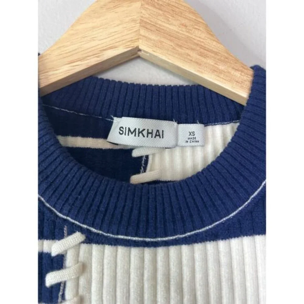 NEW Simkhai Joelene Asymmetric Fitted Striped Wool-Blend Top Navy Blue Size: XS - Picture 4 of 7